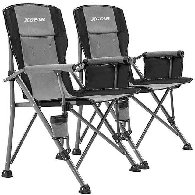 Camping Chair Hard Arm High Back Lawn Chair Heavy Duty with Cup Holder, for Camp, Fishing, Hiking, Outdoor, Carry Bag Included (Gray 2chairs)