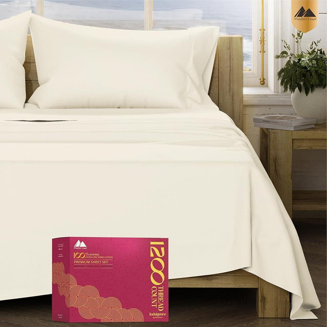 Mayfair Linen 100% Egyptian Cotton Bed Sheets - Luxury 1200 Thread Count Egyptian Cotton Sheets, Soft, Cooling, 17" Deep Pocket Sateen Weave Bedding - 4 PC, King Ivory
