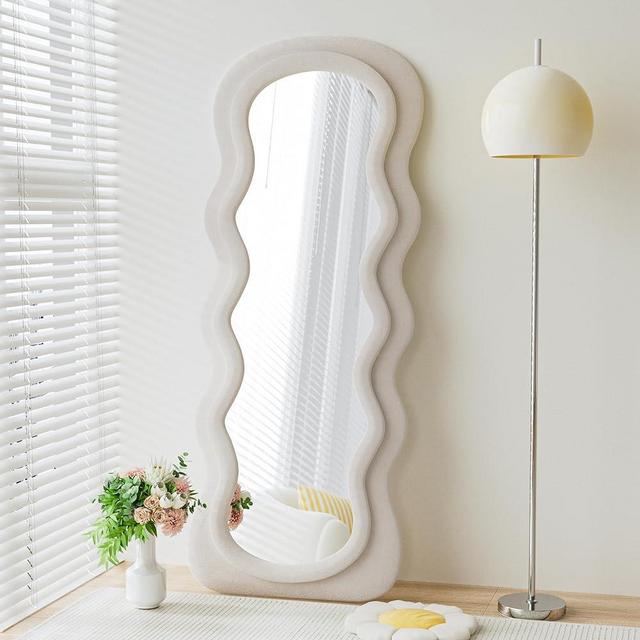 Dewfig Full Length Mirror, 63" x 24"Irregular Wavy Mirror, Large Floor Length Mirror Wall Mounted, Standing Wavy Mirror with Flannel Wrapped Wooden Frame for Bedroom/Living Room, White