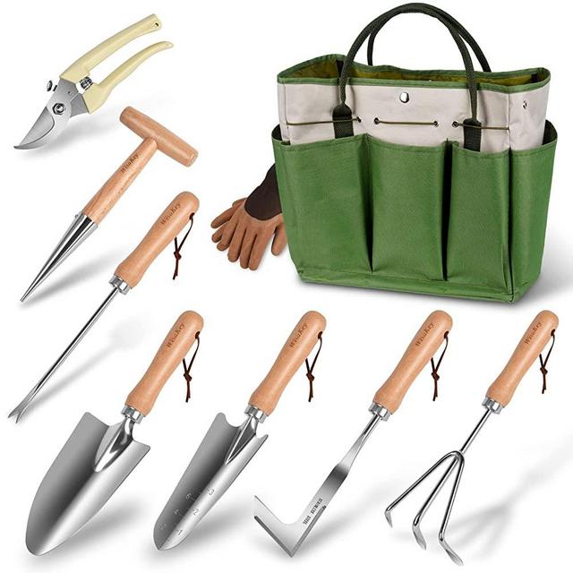 WisaKey Garden Tools Set, 9 Piece Gardening Kit Heavy Duty Stainless Steel Garden Hand Tools with Non-Slip Wooden Grip and Storage Bag, Gardening Gift Set for Women and Men