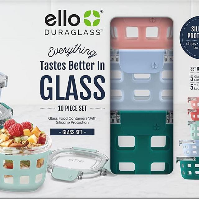 Ello Duraglass Round Glass Meal Prep Storage Containers Set with Leak Proof Airtight Lids, 10 Pc Multi-Size, Melon