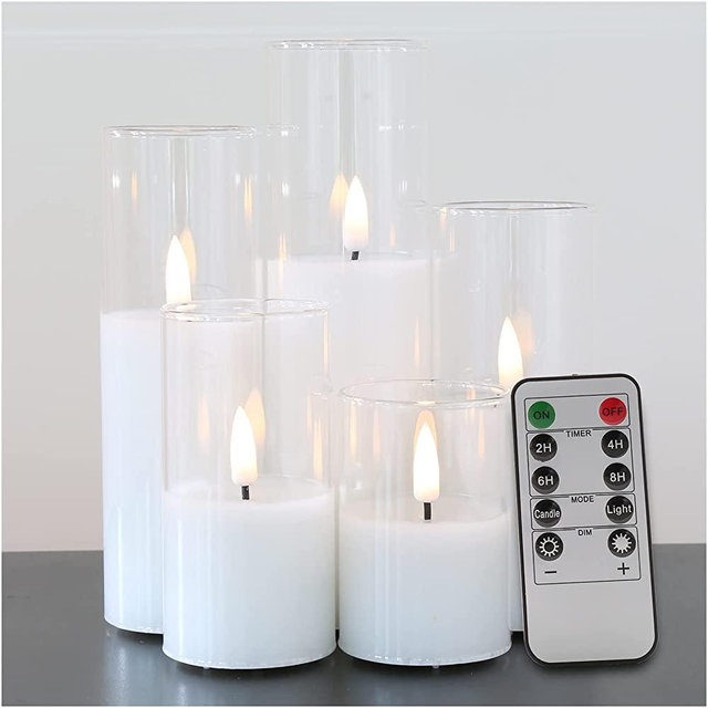 Eywamage 5 Pack Clear Glass Slim Flameless Candles Batteries Included, Flickering LED Battery Pillar Candles D 2" H 3" 4" 5" 6" 7"