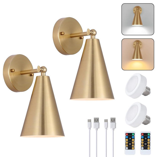 MWZ Gold Battery Operated Wall Sconces Set of Two,Wireless Indoor Led Lighting with Remote Control, Modern Dimmable 2 Color Temperatures Adjustable Angle Wall Mount Lamp with Brass Metal Shade