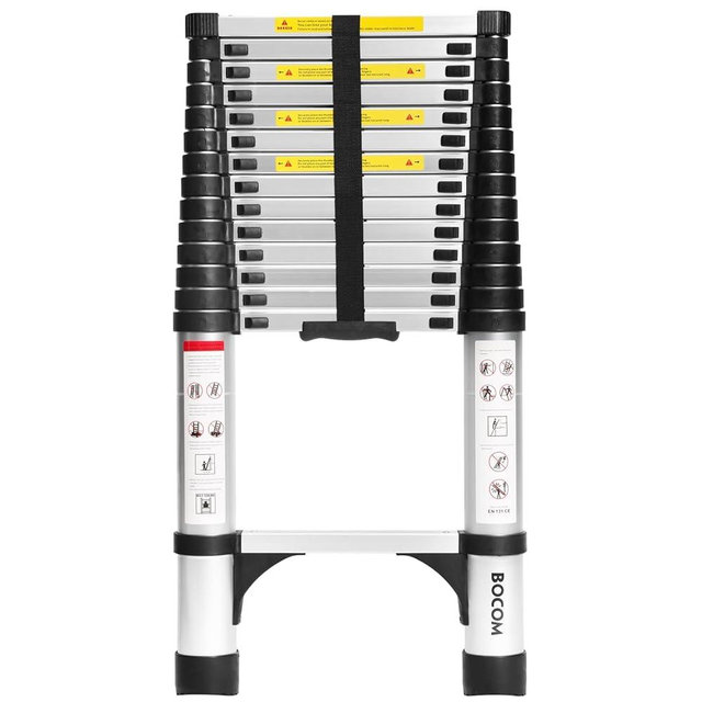 BOCOM 14.5 FT Aluminum Telescoping Ladder, Lightweight Multi-Purpose Collapsible Extension with 2 Triangle Stabilizers, Heavy Duty 330 lbs Max Capacity, Ideal for Home, RV, and Outdoor Work Silver