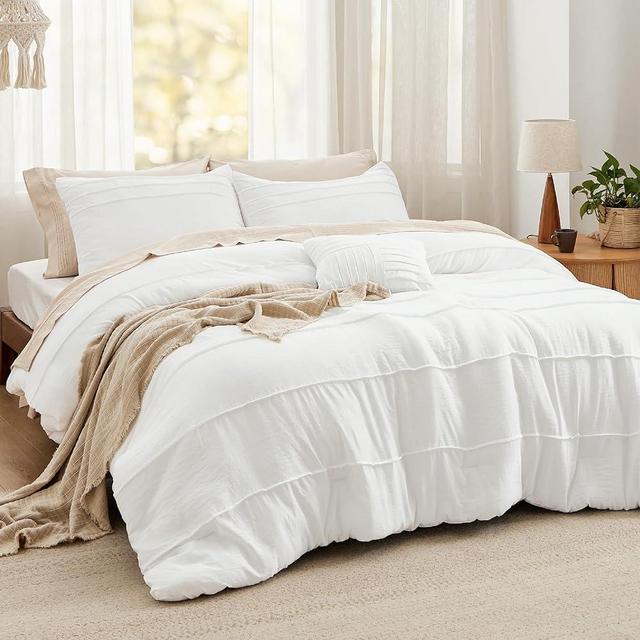 Bedsure White Queen Comforter Set - 4 Pieces Stripe Pleat Bed Set, Down Alternative Bedding Sets for All Season, 1 Comforter, 2 Pillowcases, 1 Decorative Pillow