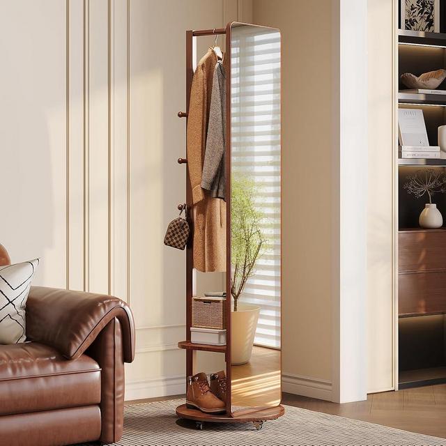 IUNVR Wood Full Length Mirror 69” with Hooks & Hidden Storage, 3-in-1 Coat Rack Standing Mirror, HD Anti-Distortion Glass for Bedroom, Entryway, Closet