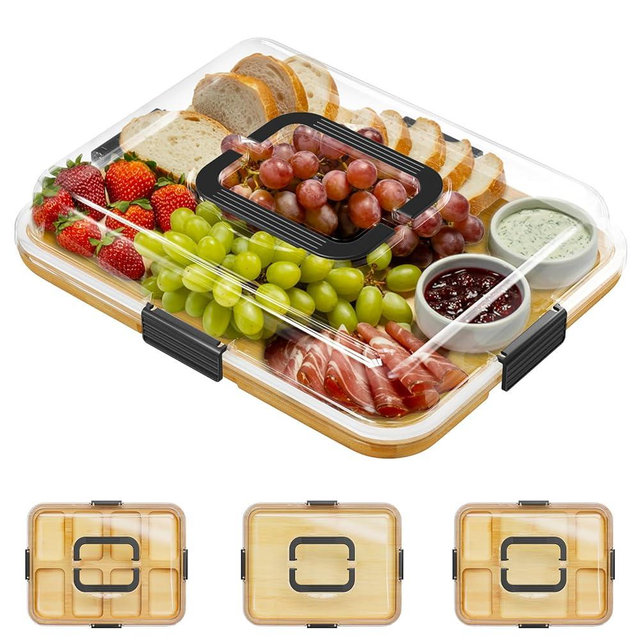 SpaceAid Charcuterie Board with Clear Lid, Portable Travel Cheese Cutting Boards for Picnic Accessories, Bamboo Serving Tray with Lids, House Warming Gifts, Black Handles, 1 Compartments