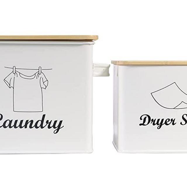 Xbopetda Set of Laundry Powder Bin & Dryer Sheets Holder, Laundry Detergent Powder Storage Box with Scoop, Wooden Lid & Handles, Metal Laundry Dryer Sheet Dispenser for Laundry Room Decor-White