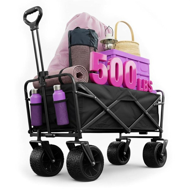 180L Collapsible Wagons Carts,Foldable Shopping Wagon Cart，500lbs Weight Capacity Beach Wagon with Wheels,Collapsible Folding Utility for Camping, Garden, Sports, Shopping (Black)