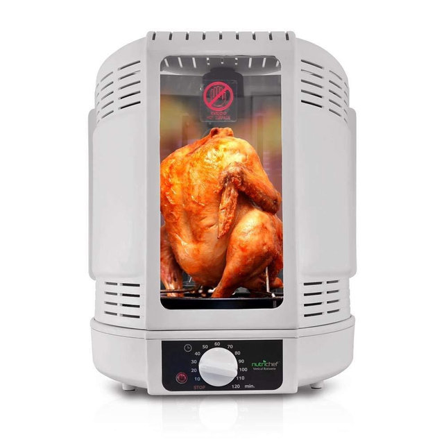 NutriChef Vertical Rotisserie Oven Roaster - Rotating Shawarma/Kebab Machine with Skewer and Rack, Basket Tower, Roasting Rack, Poultry Tower, Drip Tray - For Meat Chicken Turkey Lamb - PKRT15 White