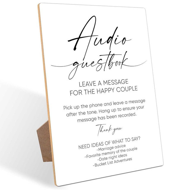 Audio Guest Book Phone Sign, Minimalist Style Wedding Signs for Engagement Party, Bridal Shower and Reception, Wooden Desk Decor With Stand, Party Favors, 10
