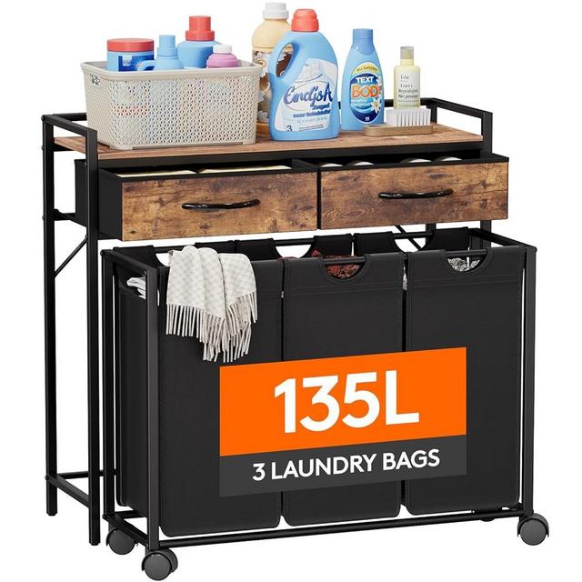 Lifewit Laundry hamper 3 Section, Large Rolling Laundry Sorter with Shelf & 2 Drawers, Pull-Out Laundry Basket Organizer with Wheels and Removable Bag for Laundry Room Bathroom, Rustic Brown and Black