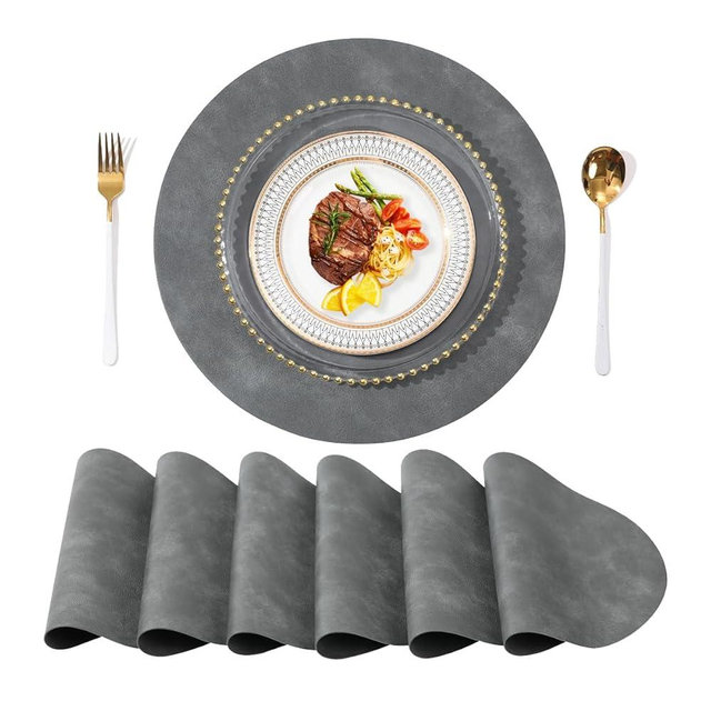 UnivoColors PU Leather Placemats Set of 6,15 Inches Round Washed Cowhide Pattern Table Mats for Dining Table, Kitchen, Party Decoration(Retro Grey)
