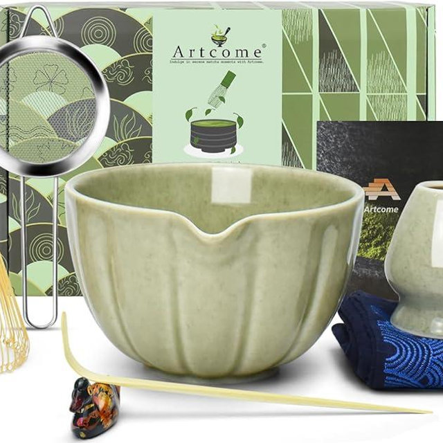 Artcome 7 Pcs Japanese Matcha Tea Set - Matcha Bowl with Pouring Spout, Matcha Whisk, Tea Scoop, Whisk Holder, Handmade Matcha Ceremony Kit For Japanese Tea Ceremony, Mottled Green