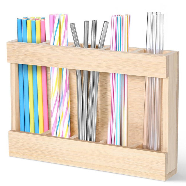 Wooden Cabinet Door Straw Holder, Reusable Straw Dispenser Space-Saving Drinking Straws Organizer for Cabinet Door Kitchen Cupboard Countertop Storage, Adhesive No Drill Installation