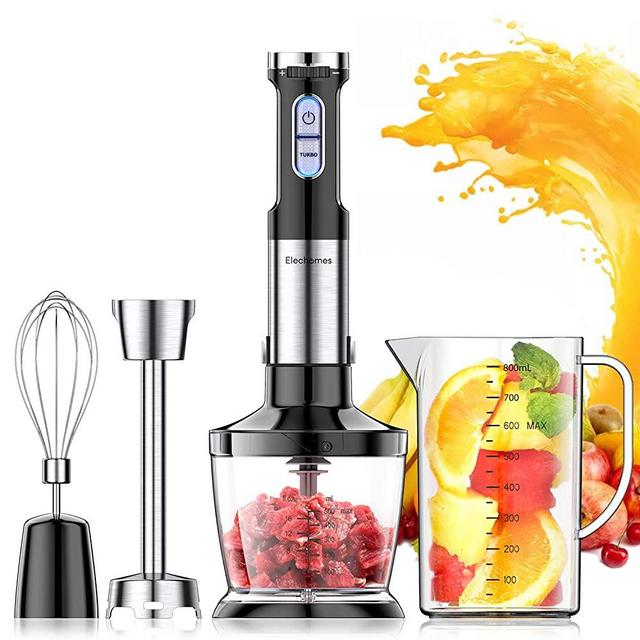 Elechomes 800 Watt Powerful Hand Immersion Blender with Large 800ml Mixing Beaker, 500ml Food Grinder, Egg Whisk, Ultra Strong Stick Blender, Safe Stainless Steel 4-Blade, Multi-Speed, 4-in-1 Setting, Advanced Splash Control Technology, BPA-Free