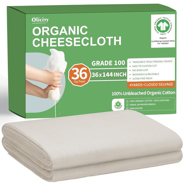 Organic Cheese Cloths, GOTS Certified, Grade 100, 36 Sq Feet, Reusable Cheese Cloth with Closed Edges Fabric Fine Mesh Cloth, Unbleached Cotton Muslin Cheesecloth for Straining,Bread,Crafts - 4 Yards