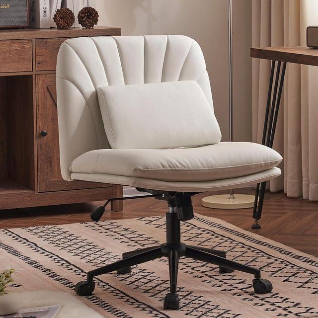 Polarisys Criss Cross Desk Chair, Armless Home Office Desk Chairs Height Adjustable,Pu Leather Cross Legged Office Chair, Wide Swivel Vanity Task Chair with Lumbar Cushion for Home & Office