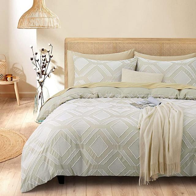 BEDAZZLED Duvet Cover Queen/Full Size, 3PCS Tufted Jacquard Comforter Cover Set, Soft and Embroidery Chic Boho Bedding Sets, Beige
