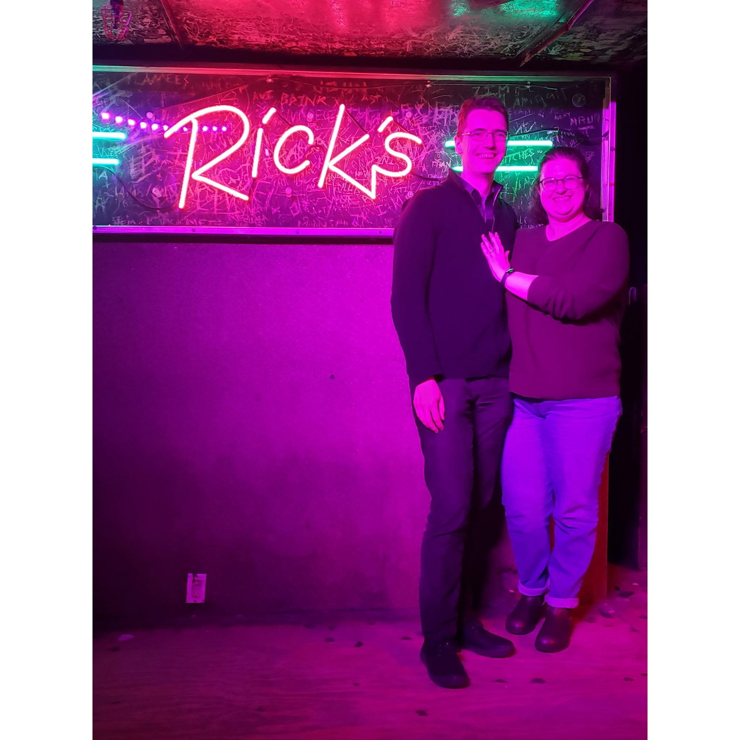 Celebrating our engagement at Rick's American Cafe
