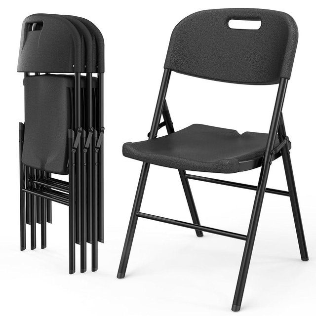 VINGLI Folding Chairs, Heavy Duty Foldable Chair Portable HDPE Plastic Seat with Steel Frame for Indoor Outdoor Dinning Party Wedding School Use, Black, 4 Pack