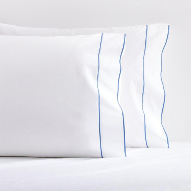 Blue Border Satin Stitch Pillowcases, Set of 2
