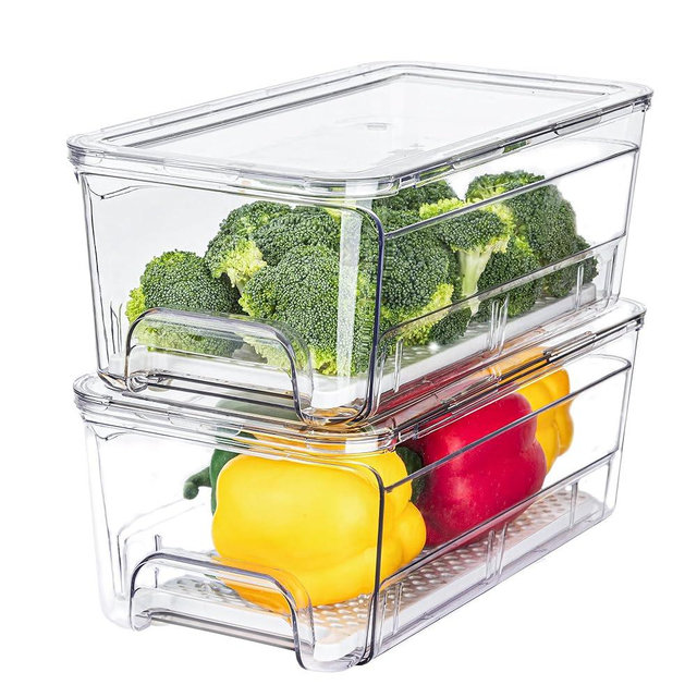 Brippo Pull Out Fridge Organizer Drawer, Stackable Refrigerator Storage Bins with Drain Tray and Lid, Clear Fruit and Vegetable Storage Containers Box, for Kitchen Freezer, 2-Pack