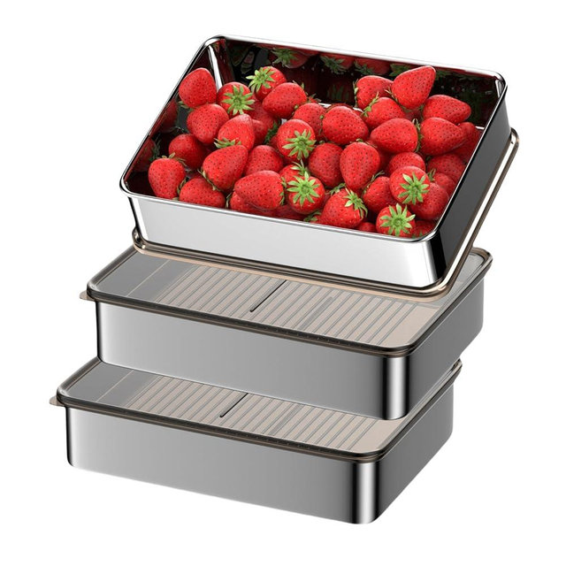 Hommiya Stainless Steel Food Storage Containers, Silver, Airtight with Vacuum Seal, Stackable Rectangular, 3-Piece Set, BPA-Free Lids, for Meal Prep and Leftovers Storage (deep - 3.3'' Height)