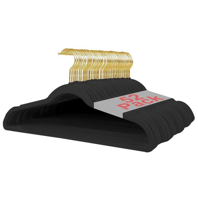 Wellong 52 Packs Velvet Clothes Hangers, 17.3 Inches Non-Slip Skirt Hangers, Dresses Hangers with Shoulder Notches, Space Saving Clothing Hangers for Adults Black - Gold Hook