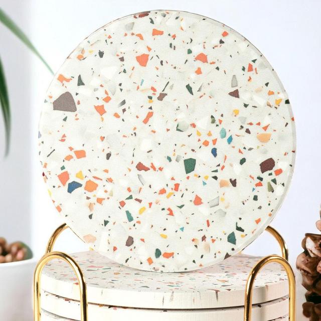Terrazzo Coasters Set, Absorbent Terrazzo Printed Round Ceramic Coasters, Coasters Set of 6 with Gold Holder and Anti-Slip Cork Coasters