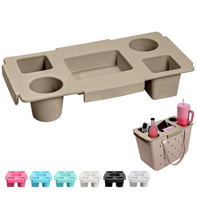 ZYTONGMAO Tote Topper Tray Accessories for Bogg Bag Large Only – Waterproof EVA Table Top Organizer Lid with Cup Holder, Snack, Phone & Drink Holders for Beach, Pool, Picnic, Travel (Khaki)