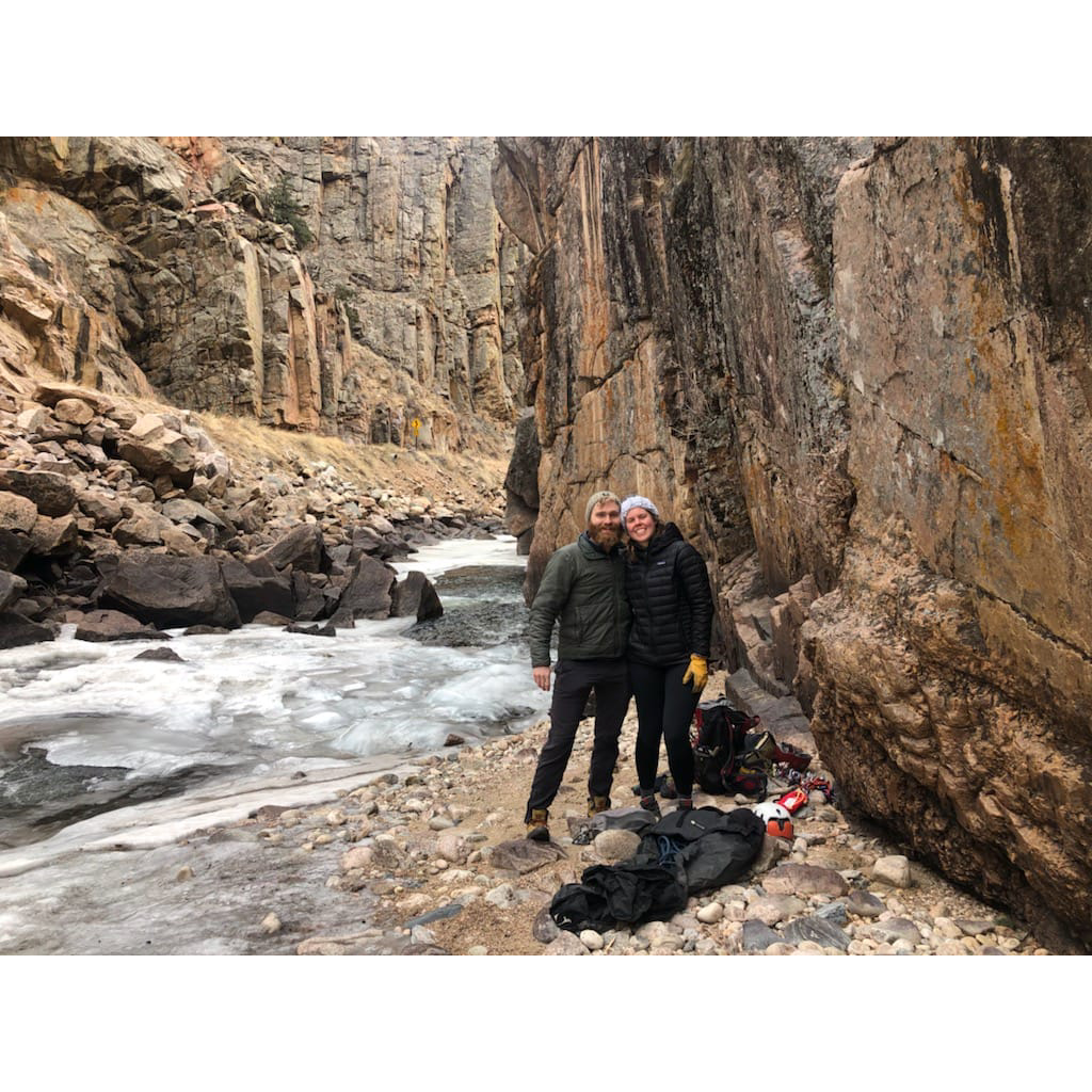 At the base of "The River Why", a beautiful sport climb that ascends a cliff that rises directly out of the Poudre River. Circa 2018.