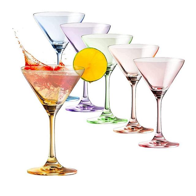 Large Martini Glasses Elegant Colors | Set of 6 | 8oz | Crystal Martini Glass - Premium Hand-Blown | Colored Coupes For Martini, Manhattan, Cosmopolitan, Sidecar, Speakeasy Style - Stemmed Goblets