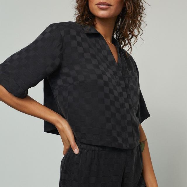 Washable Silk Checkered Jacquard High Rise Pant Set