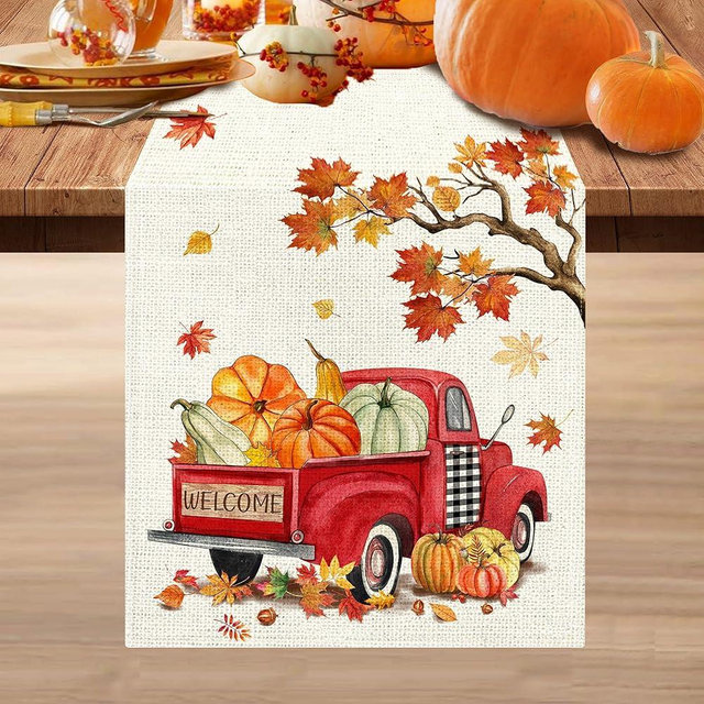 Bonsai Tree Fall Table Runner, Fall Runner for Table 13 x 72 Inch, Autumn Pumpkin Red Truck Runners for Home Kitchen Dining Decoration