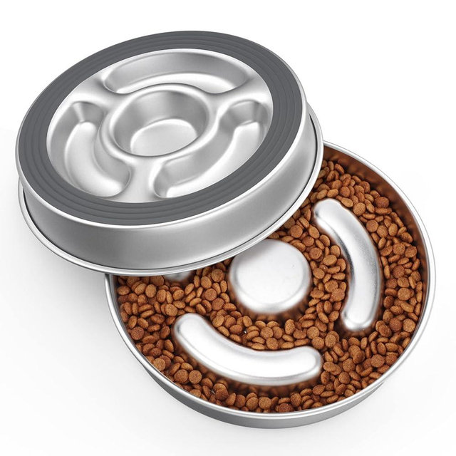 AIPERRO Stainless Steel Non Slip Slow Feeder Dog Bowl, 4 Cups Metal Dog Food Bowls for Medium and Large Dogs, Fun Bloat Stop Pet Bowl Dog Water Bowl for Fast Eaters, Slows Down Pets Eating