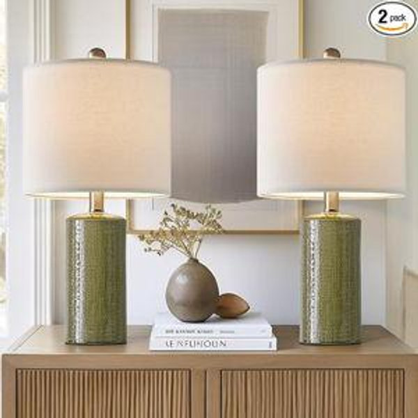 Green 20.25" Small Table Lamps Set of 2 Modern Ceramic Lamps for Living Room Farmhouse Bedside Lamps Boho Lamps for Night Stands Green Bedroom Lamp Side Table Lamps End Table Lamp