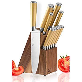 Gold Knife Set with Walnut Knife Block