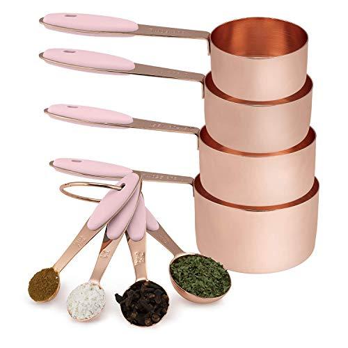 Cook with Color 8 Piece Copper Measuring Cups and Measuring Spoon Set Stainless Steel with Soft Touch Silicone Handles, Nesting Liquid Measuring Cup Set or Dry Measuring Cups Set (Pink)