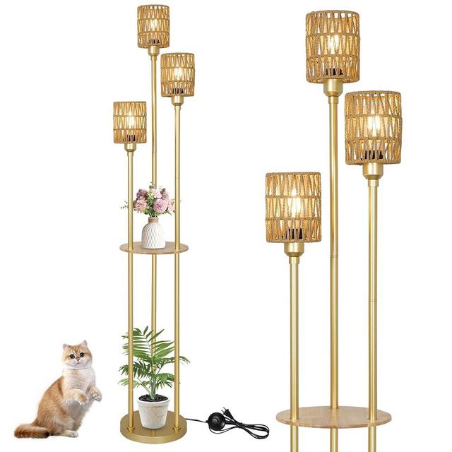 Stepeak Boho Floor Lamp with Shelves, 3-Lights Farmhouse Tall Floor Lamp with ON/OFF Foot Switch, Gold Modern Floor Lamps with Rattan Shades, Rustic Standing Lamp for Living Room, Bedroom, Office