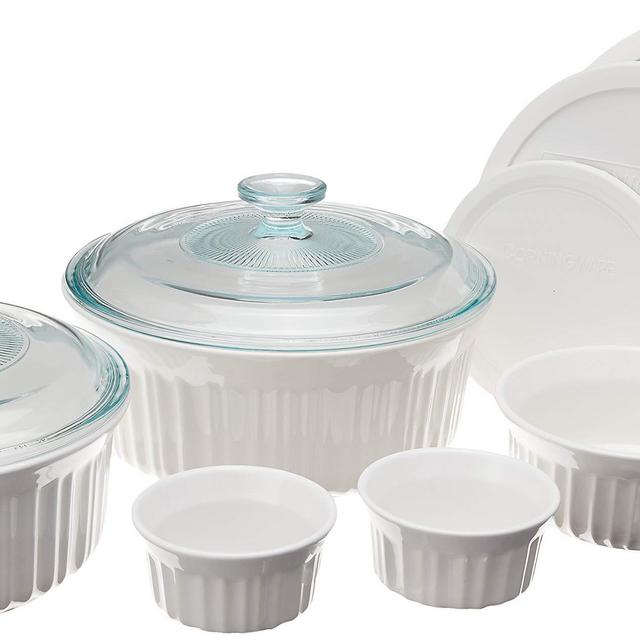 CorningWare French White 10 Piece Ceramic Bakeware Set | Microwave, Oven, Fridge, Freezer, and Dishwasher Safe | Resists Chipping and Cracking | Doesn't Absorb Food Odors and Stains