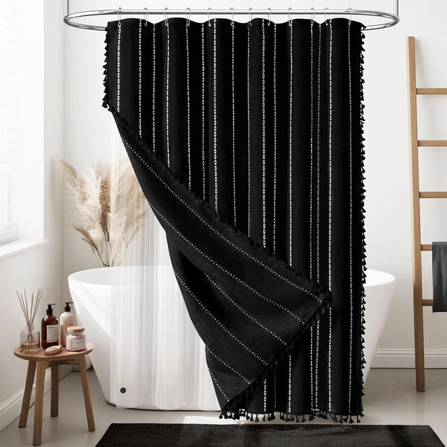 BTTN 3 in 1 Shower Curtain with Liner, Black and White Boho Linen Striped Cloth Shower Curtain Set with Plastic Hook, Farmhouse Bohemian Country Waterproof Fabric Shower Curtain for Bathroom, 72x72