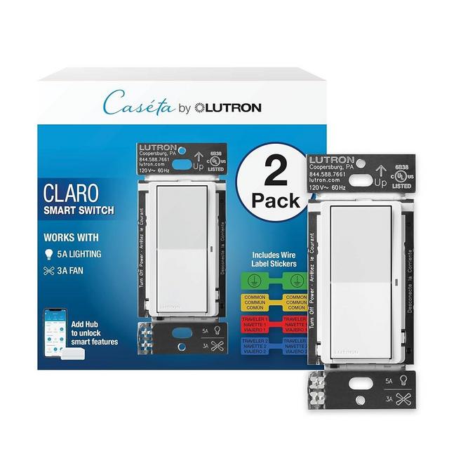 Lutron Claro Smart Switch for Caseta Smart Lighting, for On/Off Control of Lights or Fans | Includes Wire Label Stickers | Neutral Wire Required | DVRF-5NSS-WH-R-2 | White (2-Pack)