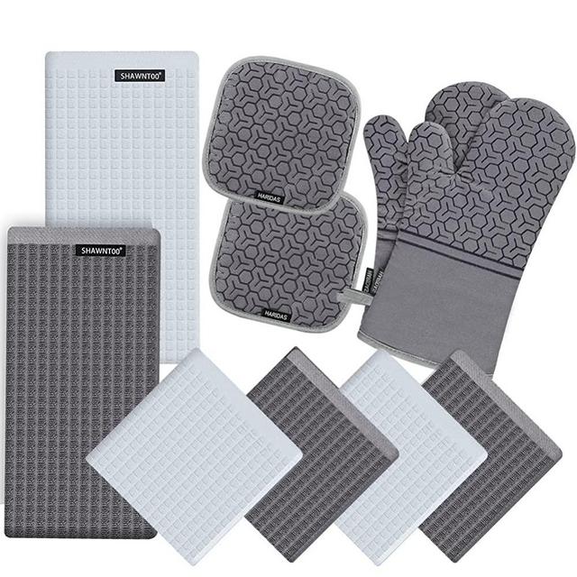 10 Piece Set Silicone Oven Mitts and Pot Holders，with Kitchen Towels and Dish Cloths ，500 Degree Heat Resistant Soft Lining Oven Mitts，Quick Drying Dish Towel，for Kitchen Baking BBQ Grilling （Gray