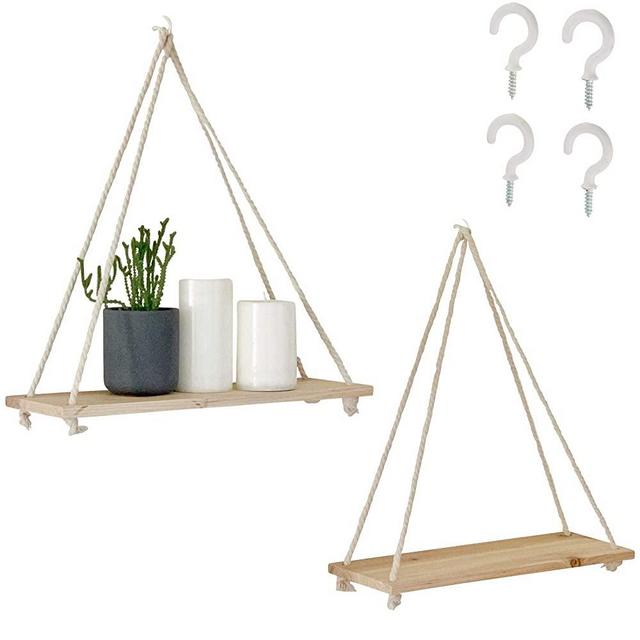 BASE ROOTS Handcrafted Wooden Wall Shelf Set | Pine Wood Hanging Shelves & Natural Twisted Cotton Rope | These Wooden Shelves Make Beautiful Modern Farmhouse Decor | 16 x 5 x 0.5 Inches, Set of 2