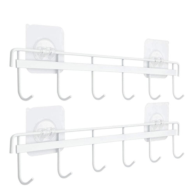 Yizhi Adhesive Wall Hooks Rack Kitchen Rail, Space Saving Utensil Holder No Drilling Wall Mounted Accessory Hanger with 6 Hooks for Kitchen Bathroom Bedroom Pack of 2 (White)