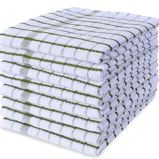 AMOUR INFINI Grid Terry Dish Cloth | Set of 8 | 12 x 12 Inches | Low Lint, Super Soft and Absorbent |100% Cotton Dish Rags | Perfect for Household and Commercial Uses | Green