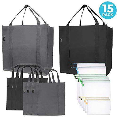Reusable Folding Grocery and Produce Bags: 6 Large Fabric Totes with Handles and Inner Pocket and 9 Eco Friendly Breathable Mesh Produce Bags - Foldable Cloth Shopping Tote and Mesh Bag Set - 15 Pack