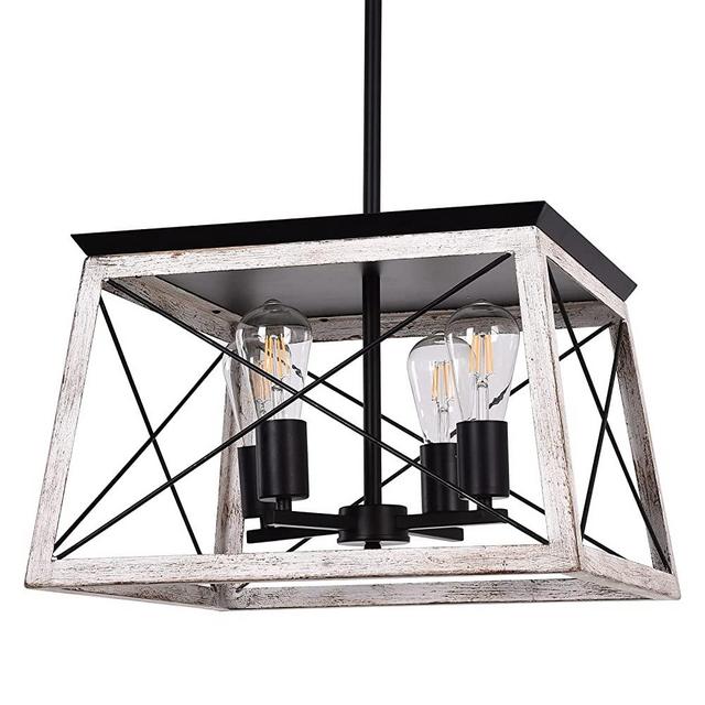 Merbotin Farmhouse Kitchen Island Lights, 4-Light Island Light Fixtures White Wood Distressed Rustic Dining Room Lighting Vintage Large Pendant Light for Entryway, Hallway