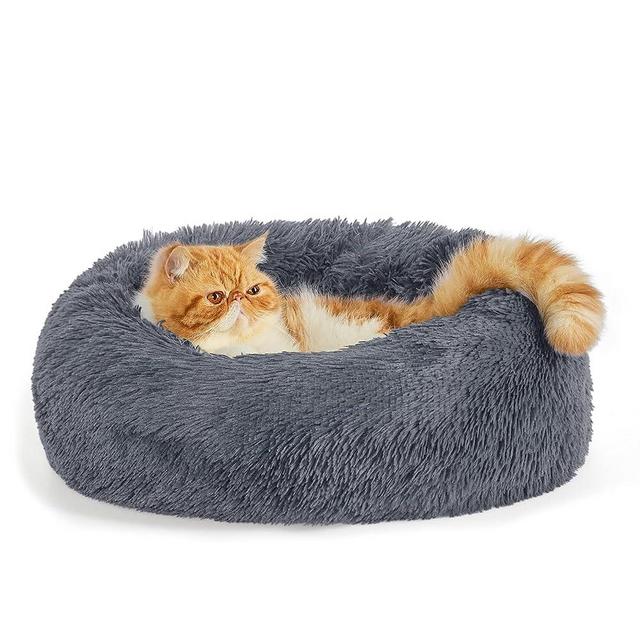 Bedsure Calming Cat Beds for Indoor Cats - Small, Washable 20 inches, Anti Anxiety Round Fluffy Plush Faux Fur Pet Bed, Fits up to 15 lbs Pets, Dark Grey